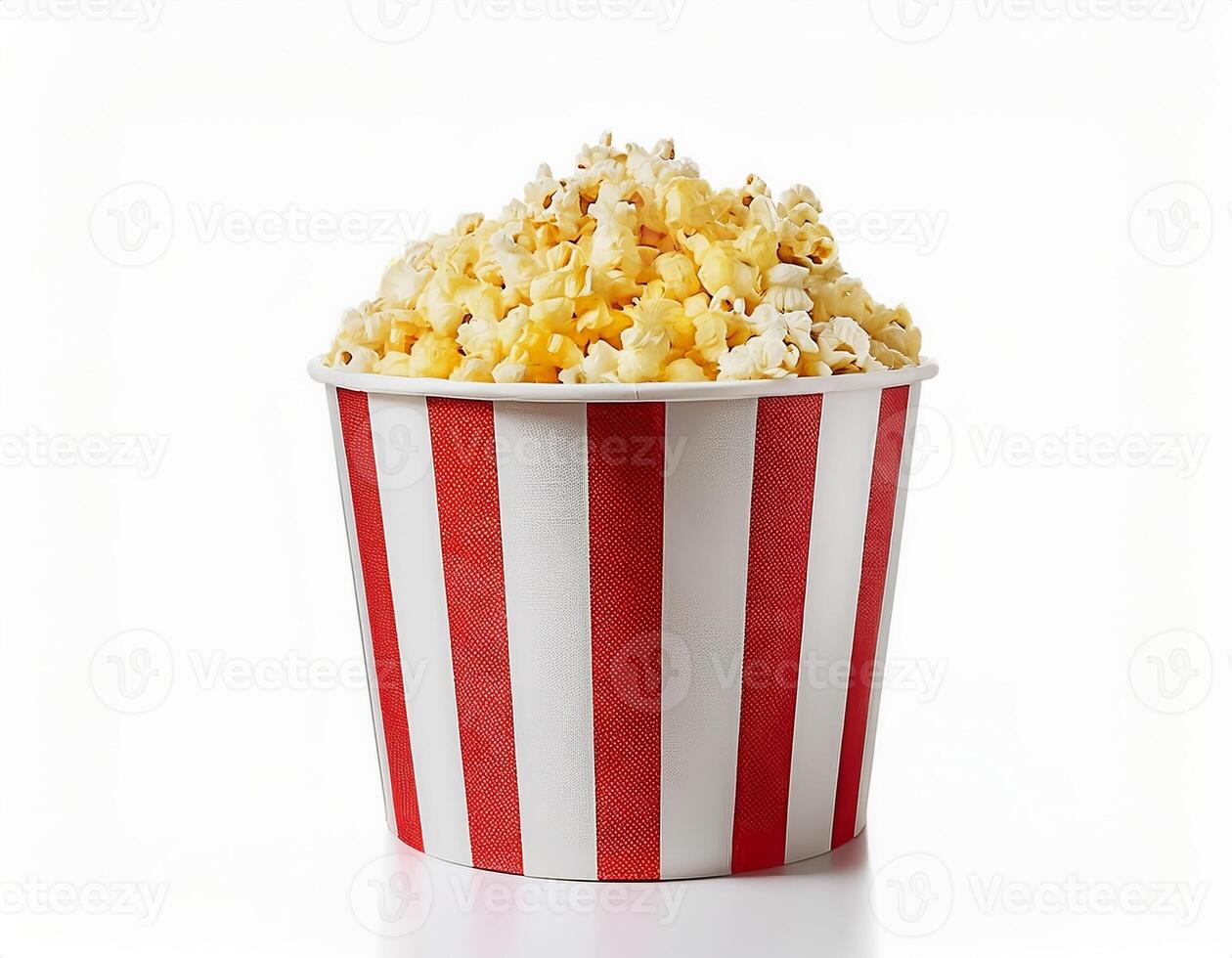 Delicious Buttery Popcorn in a Classic Red and White Striped Bucket Perfect for Movie Night photo