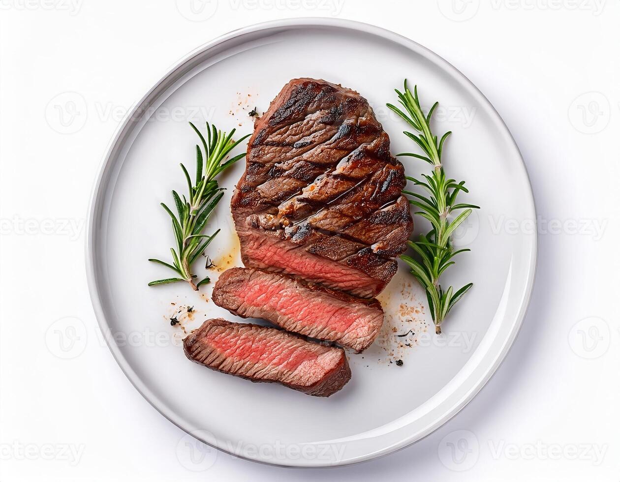 Delicious grilled beef steak sliced on a plate with rosemary garnish overhead shot photo