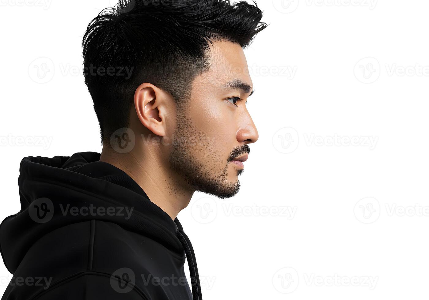 A man in a black hoodie looking away photo