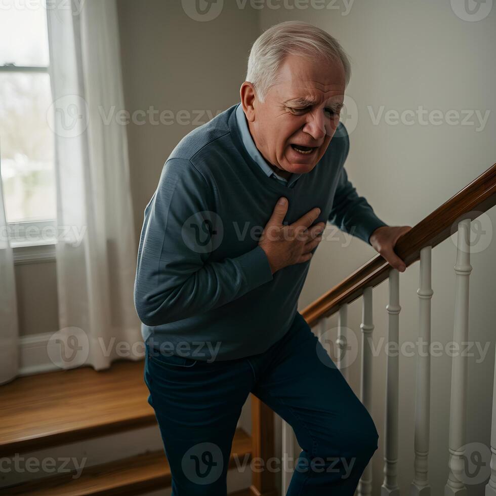 An older man is standing on a stairway with his chest in pain photo