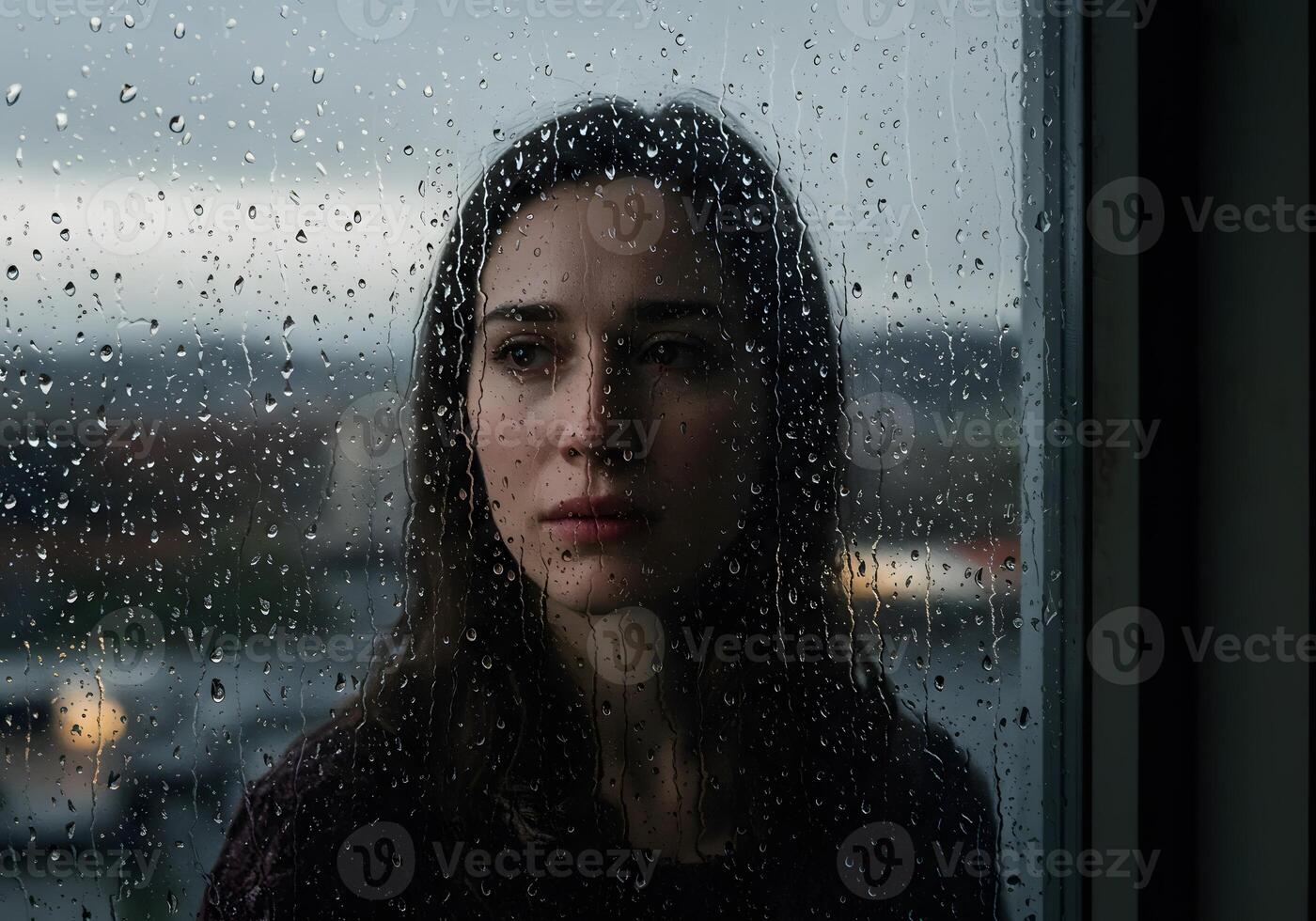 A woman looks out a window with raindrops on it photo