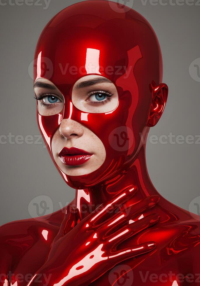 A woman in a red latex suit photo