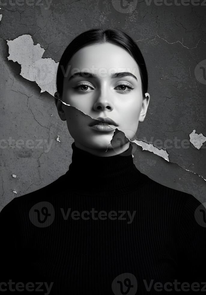 A woman with a torn face and a black turtleneck photo