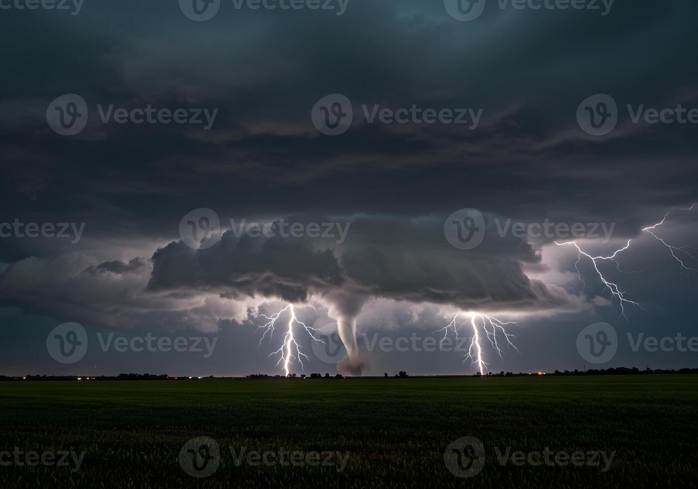 Dramatic Tornado and Lightning Storm over Green Field - Weather Phenomenon Photography. photo