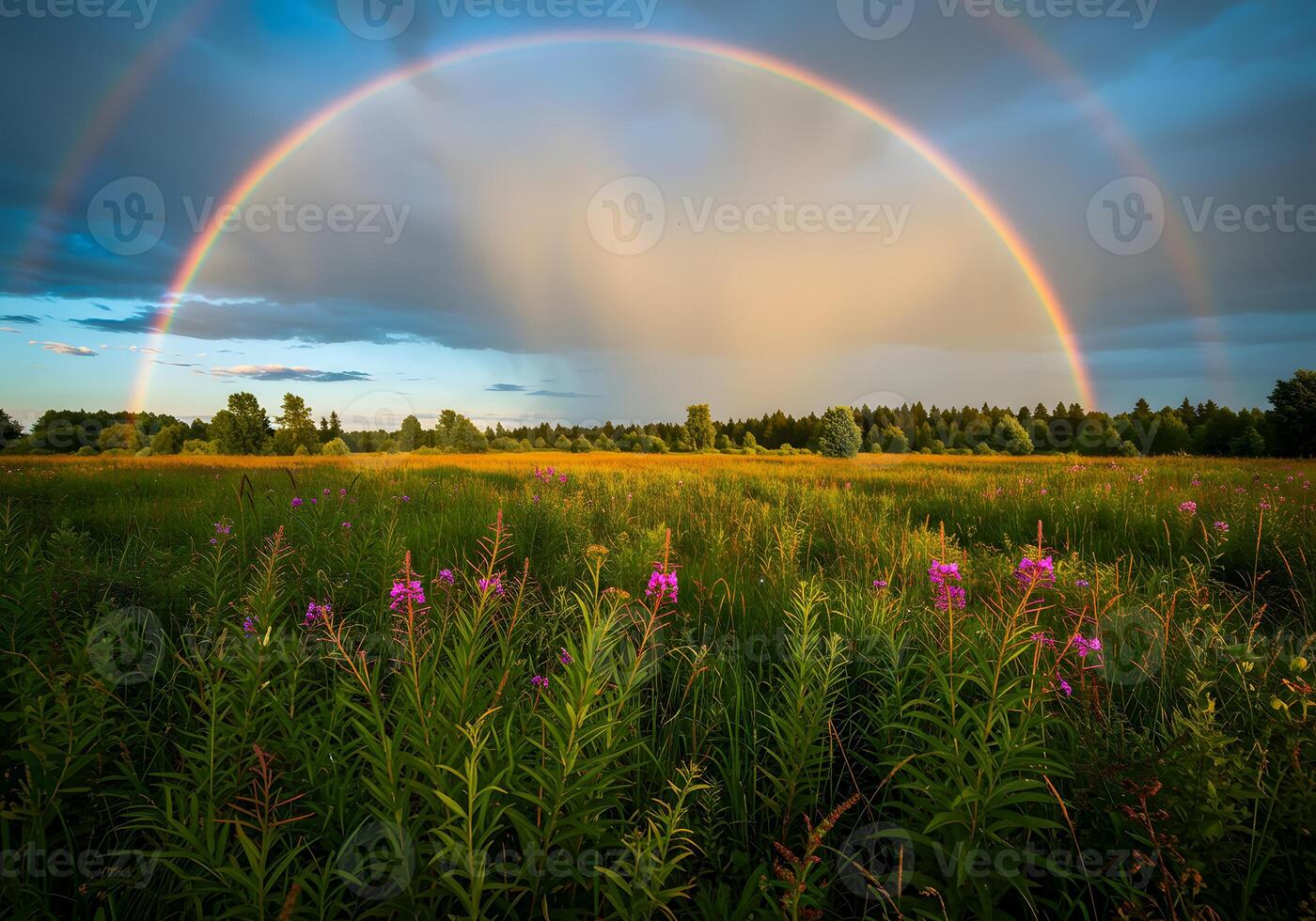 A field with purple flowers and a rainbow photo
