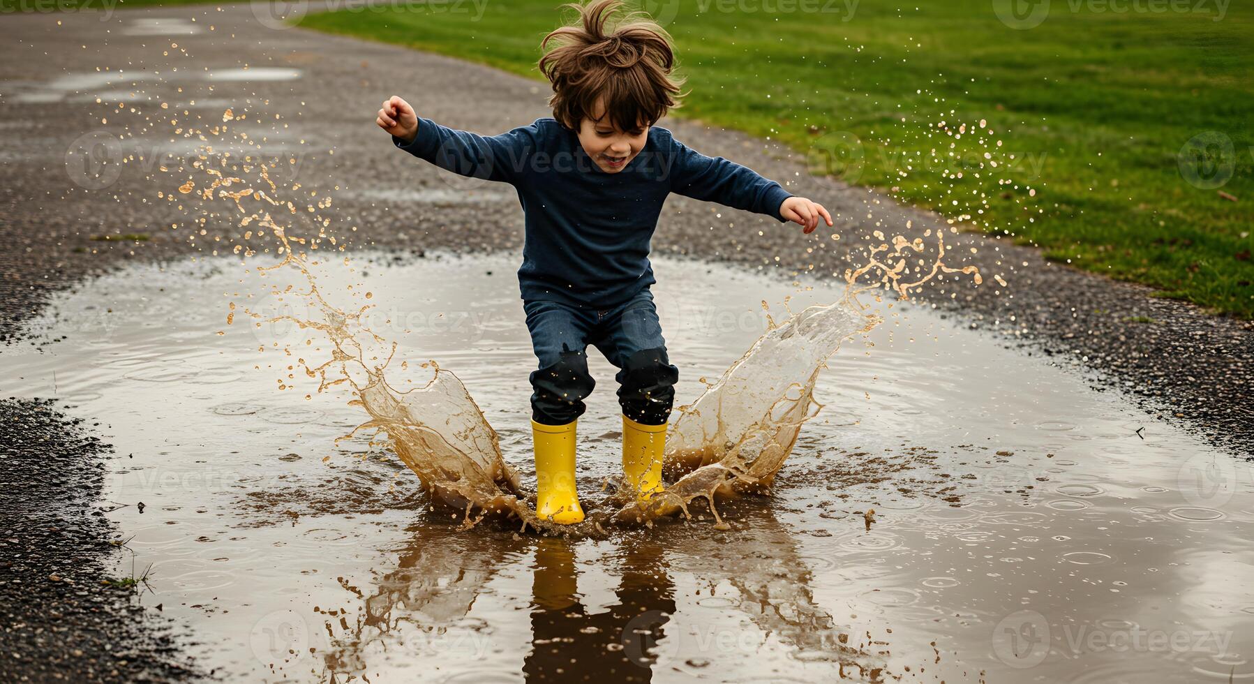 A young boy jumping in a puddle photo