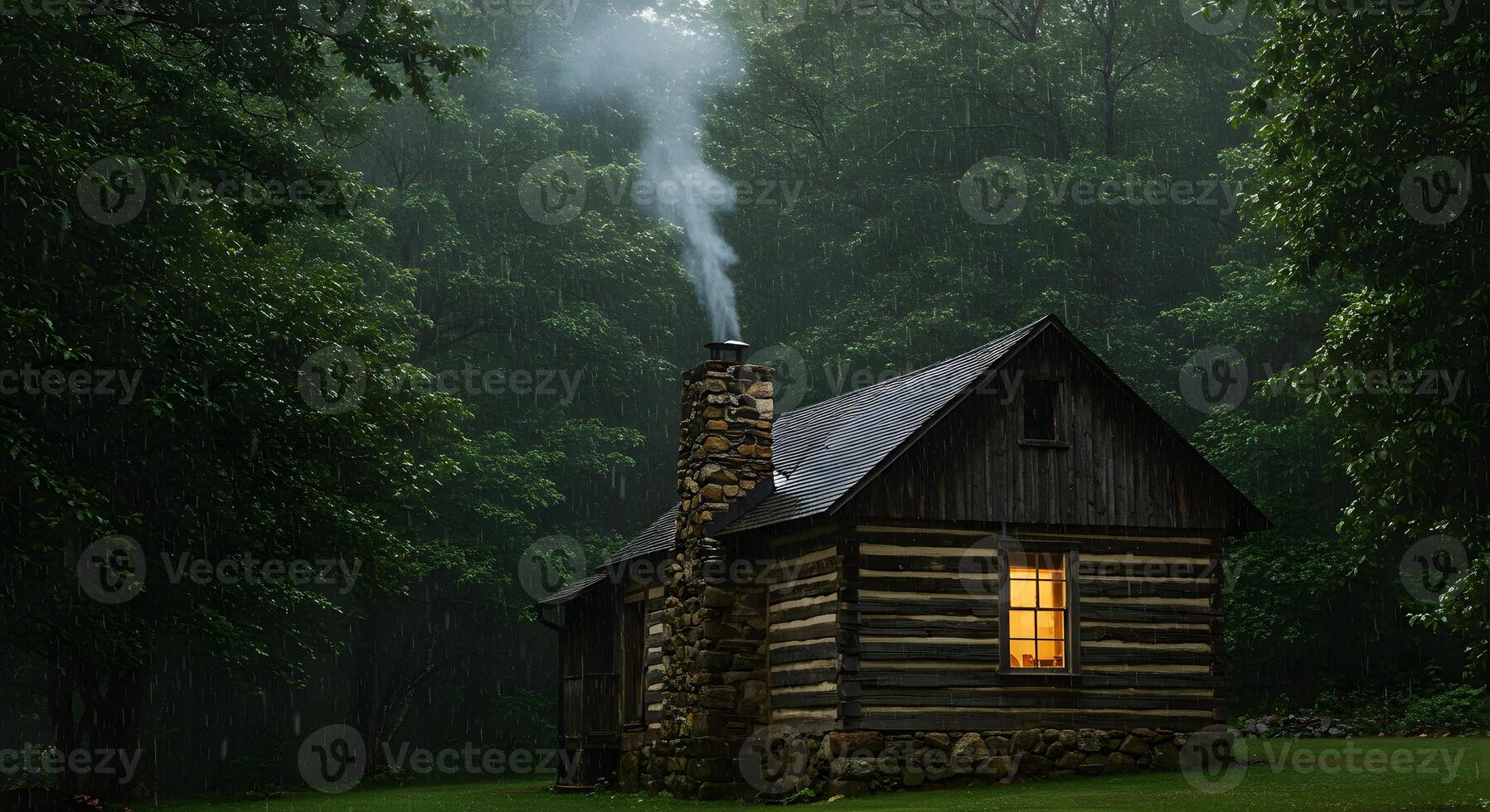 A small cabin in the woods with a smoke coming out of it photo
