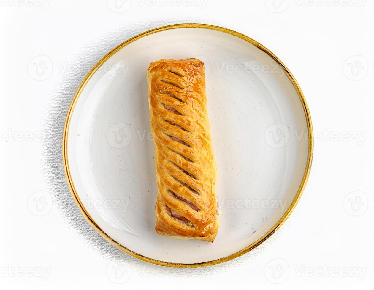 Delicious Golden Pastry Sausage Roll on a Plate A Top View Food photo