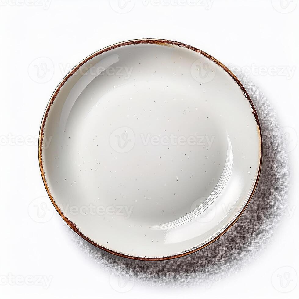 Empty ceramic plate with brown rim perfect for food or restaurant menus Top view isolated on white background photo