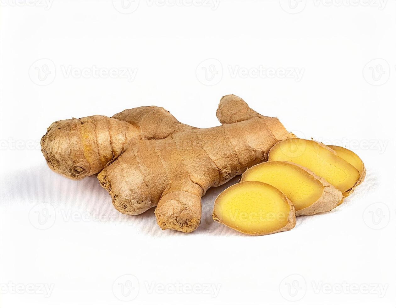 Fresh Ginger Root Slices Isolated on White Background Healthy Spice Ingredient photo