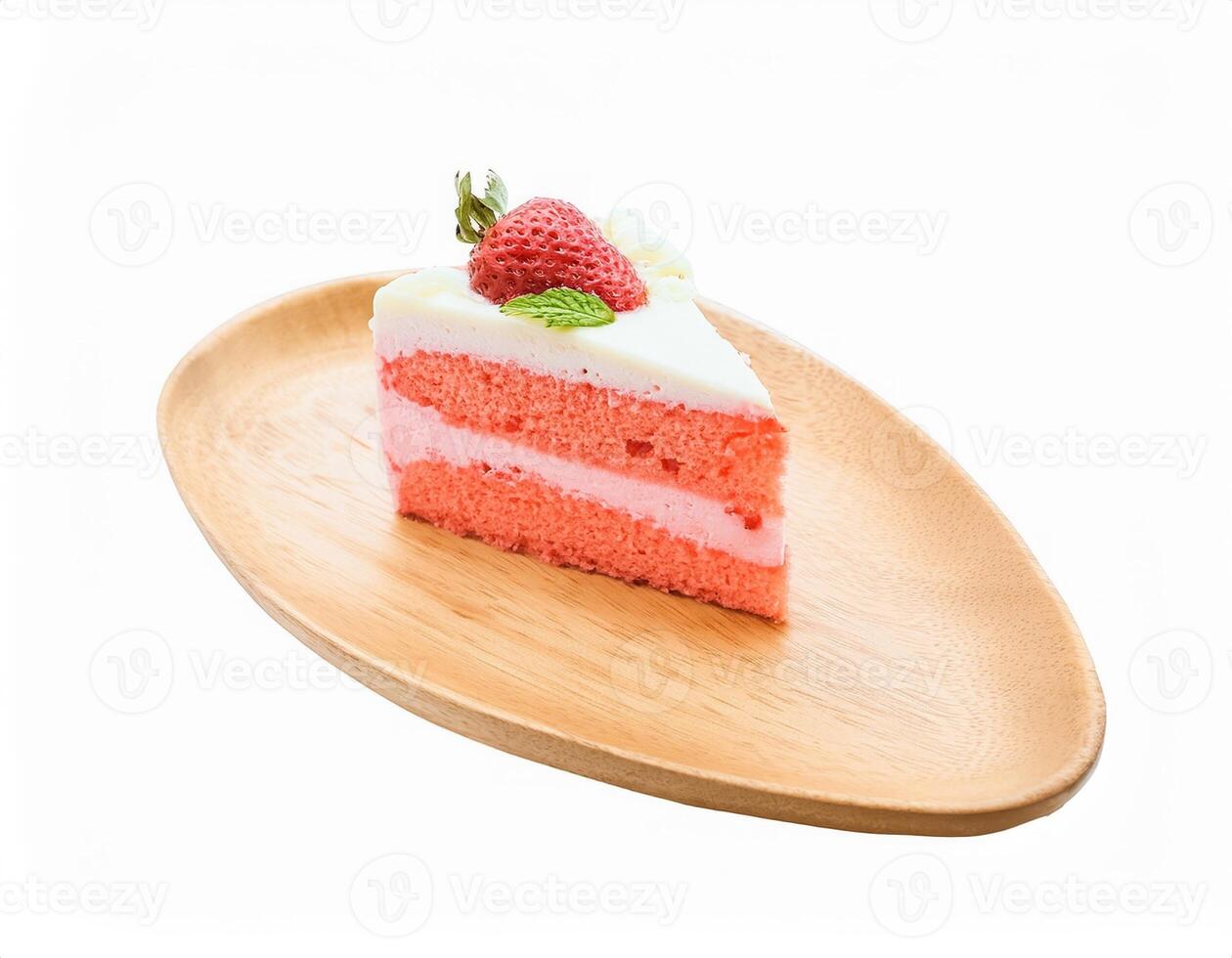 Delicious Strawberry Cake Slice on Wooden Plate A Sweet Treat for Dessert Lovers photo