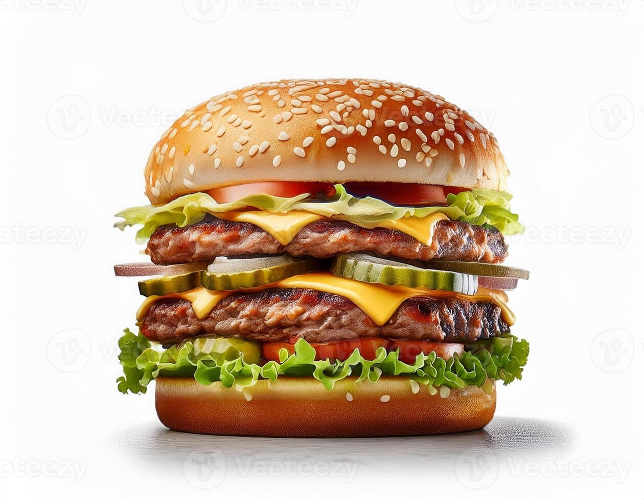 Delicious Double Cheeseburger with Sesame Seed Bun Lettuce Tomato Pickles and Melted Cheese photo