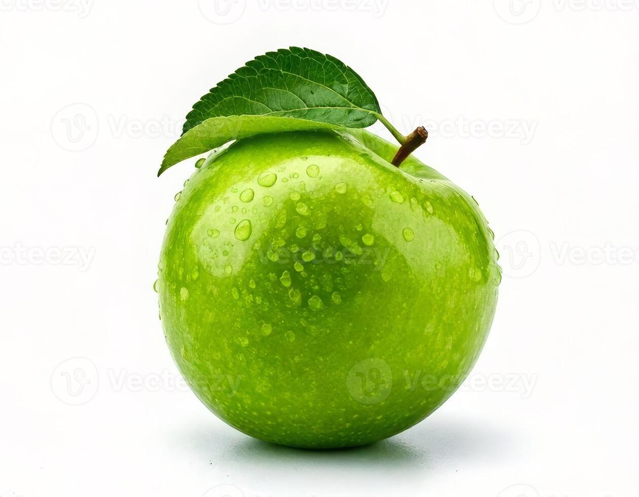 A Fresh Green Apple with Water Droplets and a Leaf A Healthy and Juicy Fruit Image Perfect for Your Project photo