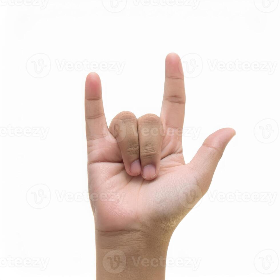 A Close up Shot of a Person's Hand Forming the I Love You Hand Sign on White Background photo