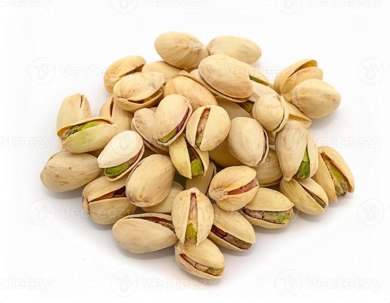 A Delicious Pile of Roasted Pistachios Nuts Isolated on White Background Perfect for Snack Food Packaging Design photo