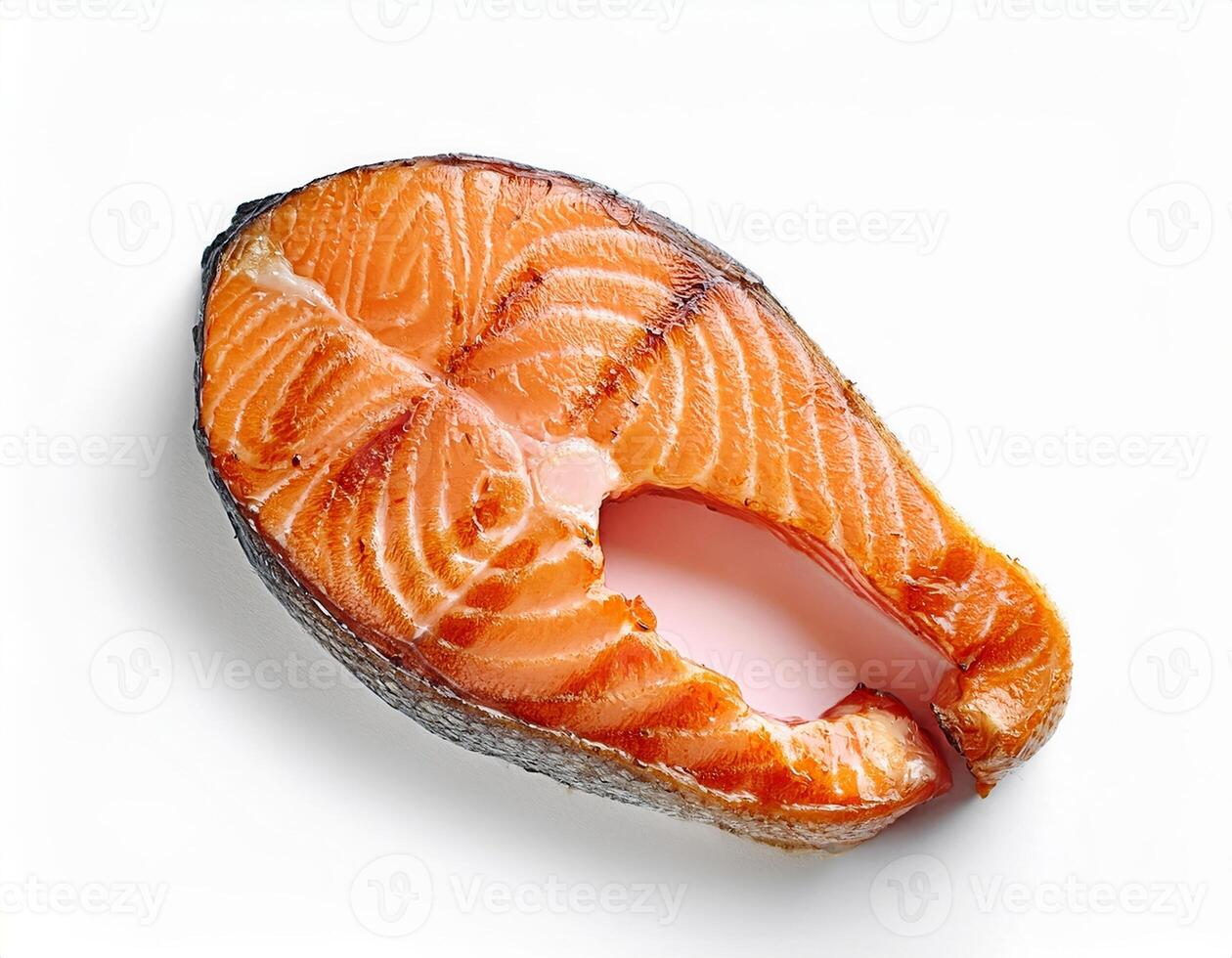 Grilled Salmon Steak Isolated on White Background A Perfect Shot for Cookbooks or Restaurant Menus photo