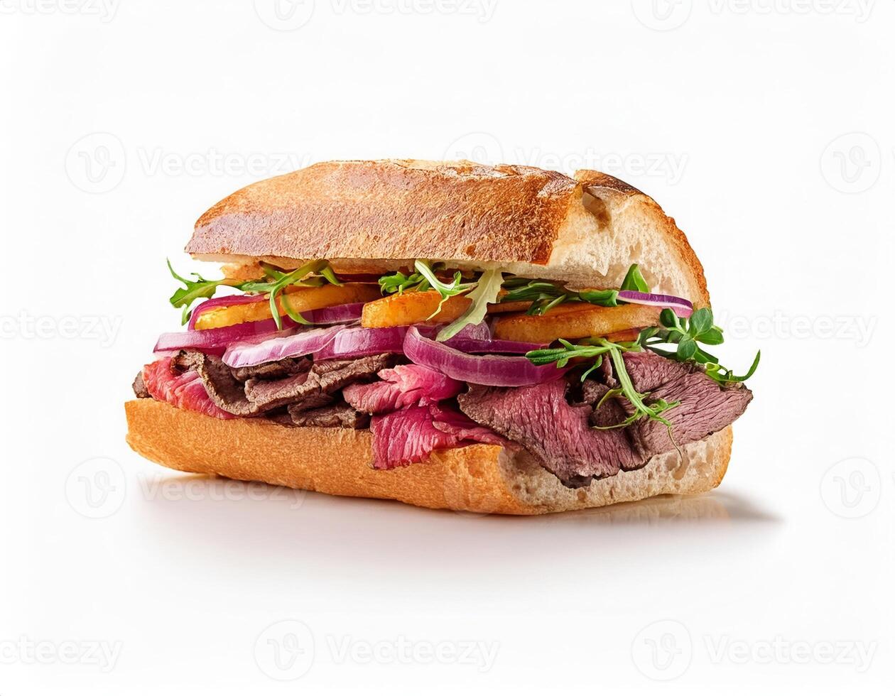 Delicious Roast Beef Sandwich on a Crusty Roll with Red Onion and Arugula A Gourmet Lunch Option photo