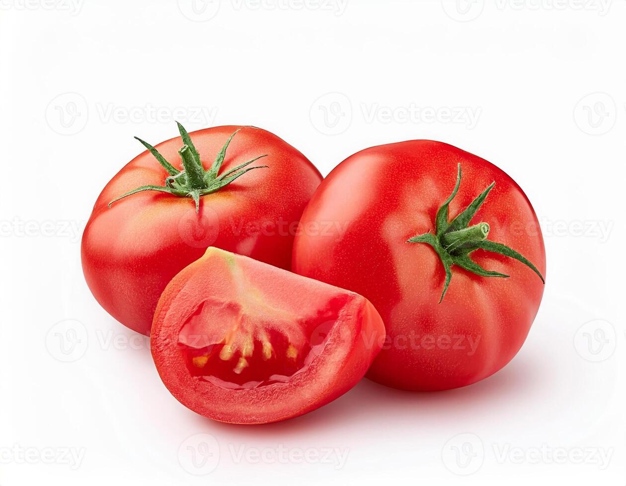 Two ripe red tomatoes and a juicy tomato slice isolated on white background perfect for healthy food and cooking recipes photo