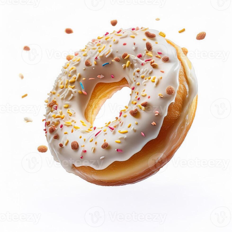 Delicious Glazed Donut with Colorful Sprinkles in Airy Freeze Motion photo