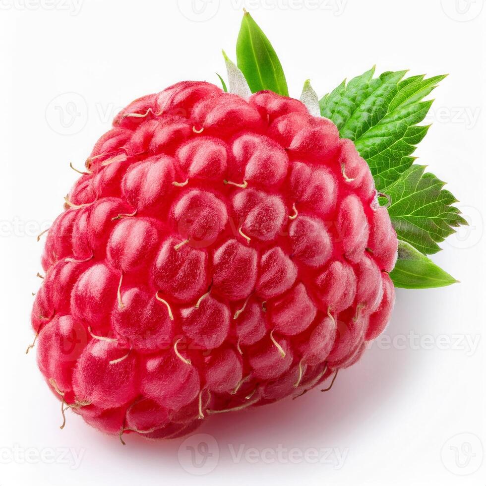 Fresh Red Raspberry with Green Leaves Isolated on White Background Perfect for Food Blogs and Packaging Design photo