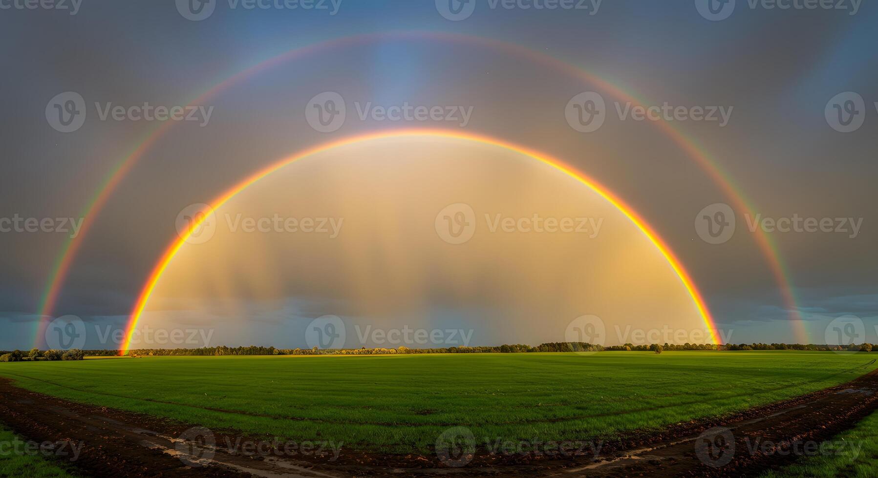 A double rainbow over a field of green grass photo