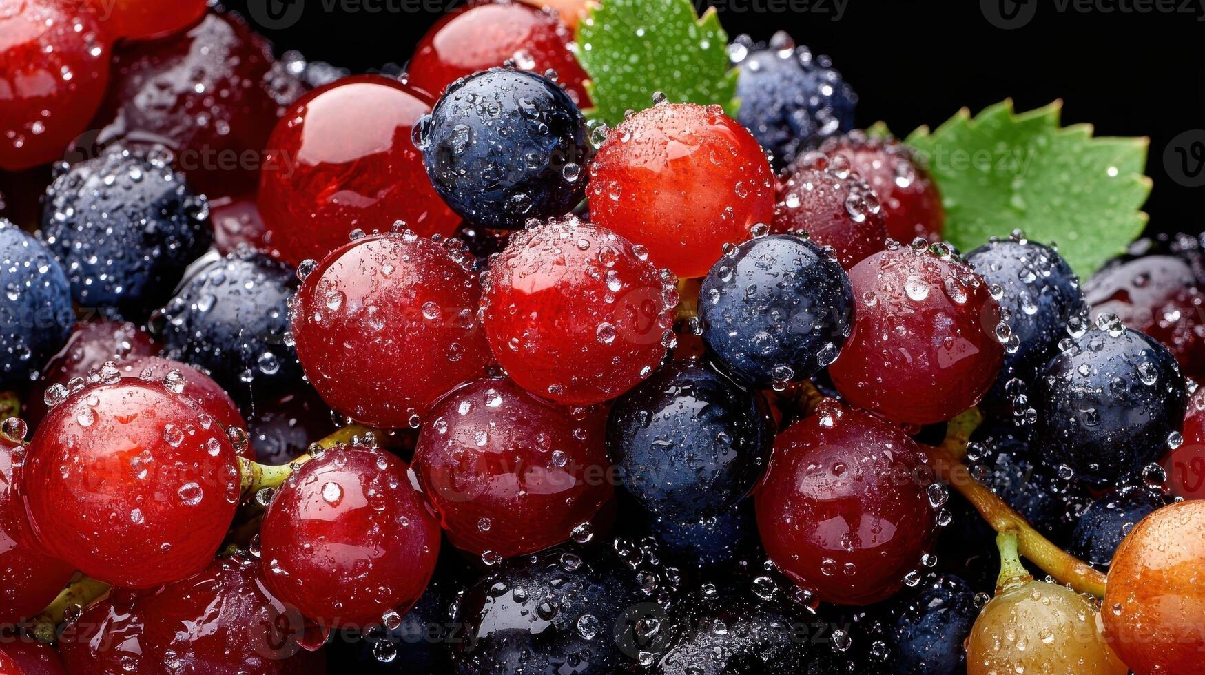 A colorful mix of black and red grapes covered in droplets, showcasing freshness, ripeness, and natural fruit textures photo