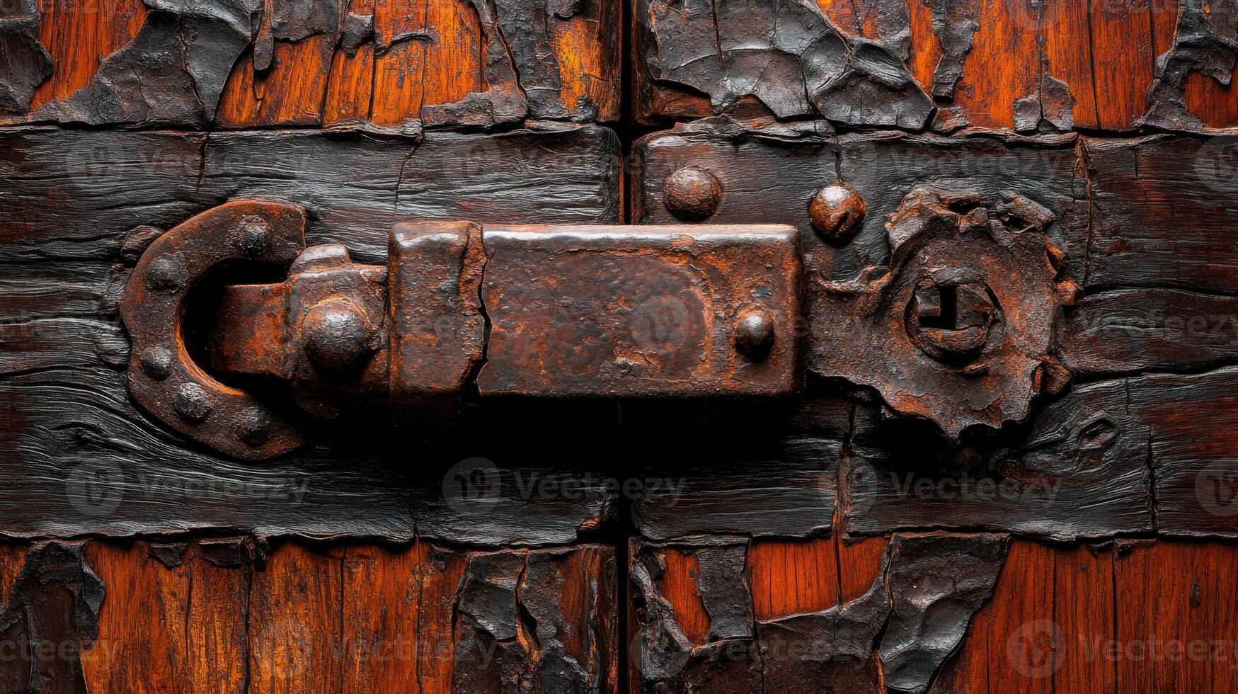 Rusty iron ring embedded in cracked wood with orange flakes, highlighting industrial decay and material aging photo