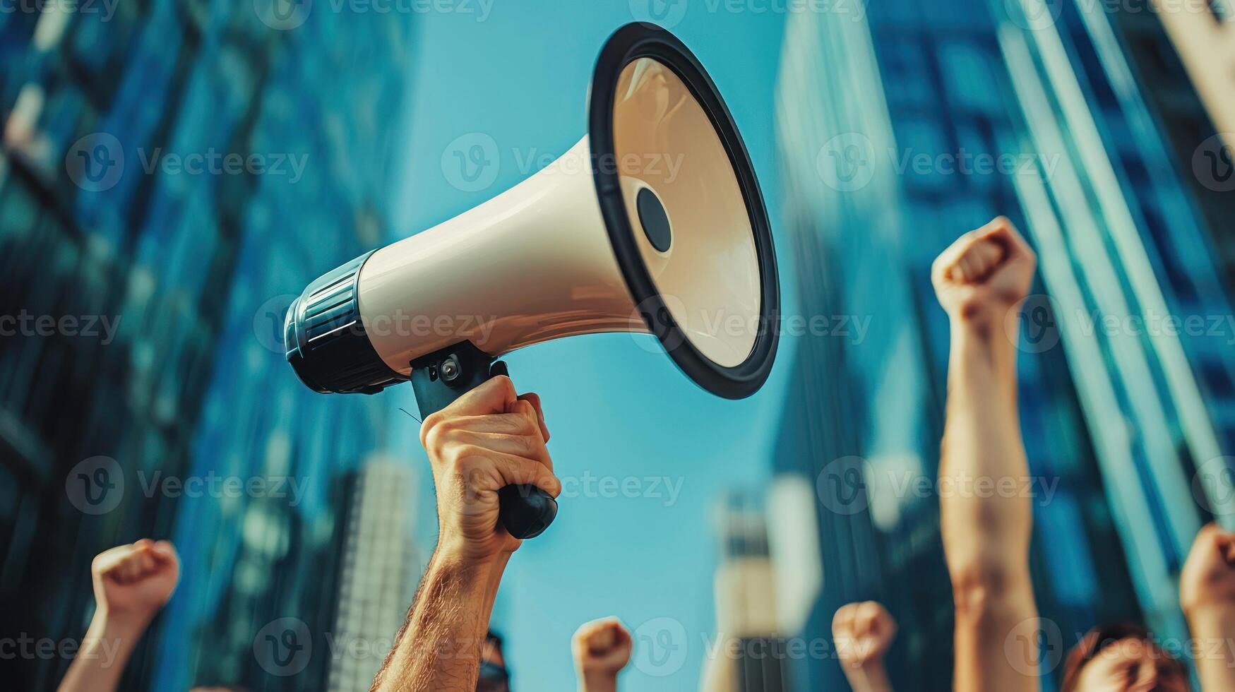 A person holding a megaphone in a cityscape with raised fists. photo