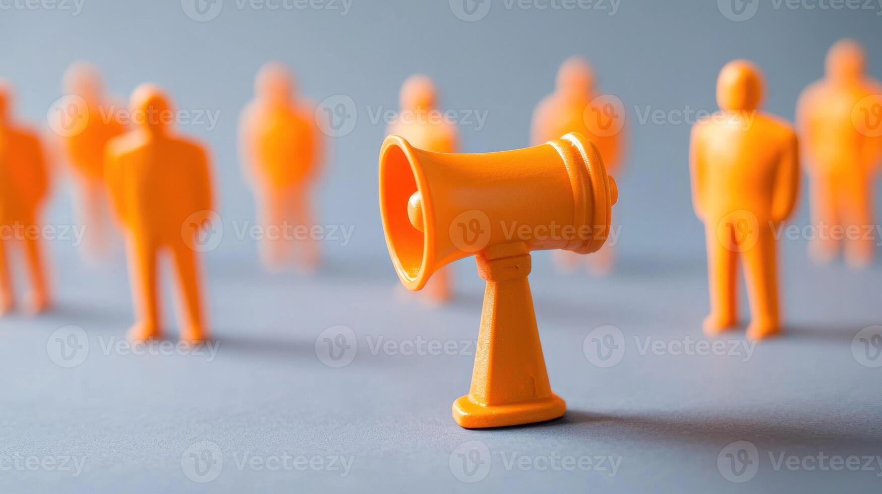 A yellow megaphone with a loudspeaker in front of a group of orange plastic figures photo