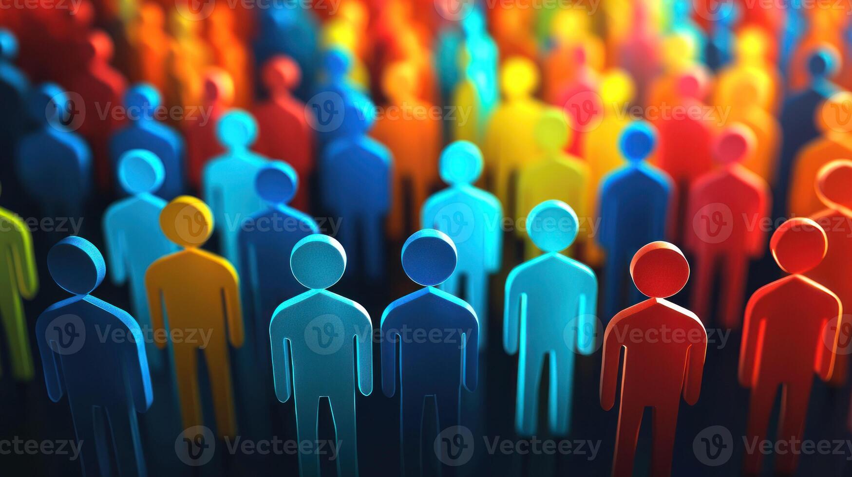 A colorful crowd of people standing in a room with a dark background. photo