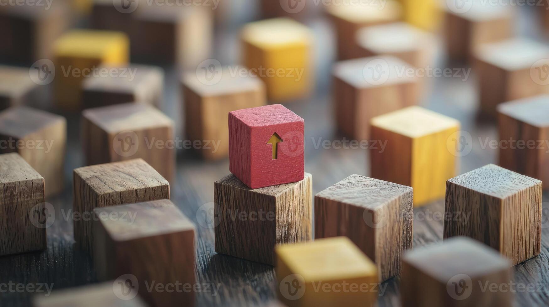 A wooden block with an arrow on it, placed on a wooden block with a red block on top, surrounded by other wooden blocks in various colors and sizes, on a wooden surface with a blurred background. photo