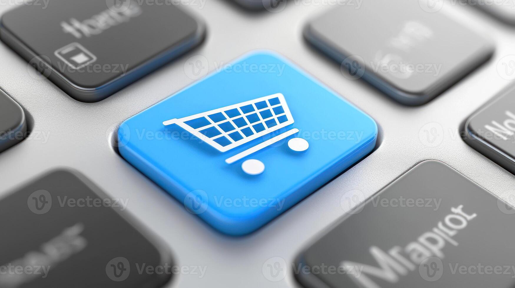 A blue shopping cart icon on a computer keyboard. photo