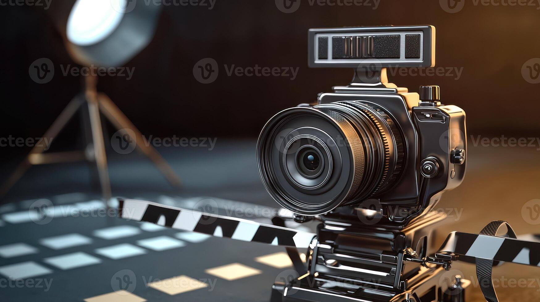 A professional camera with a large lens and a digital display on top, mounted on a tripod, with a black and white striped backdrop and a bright light source in the background. photo