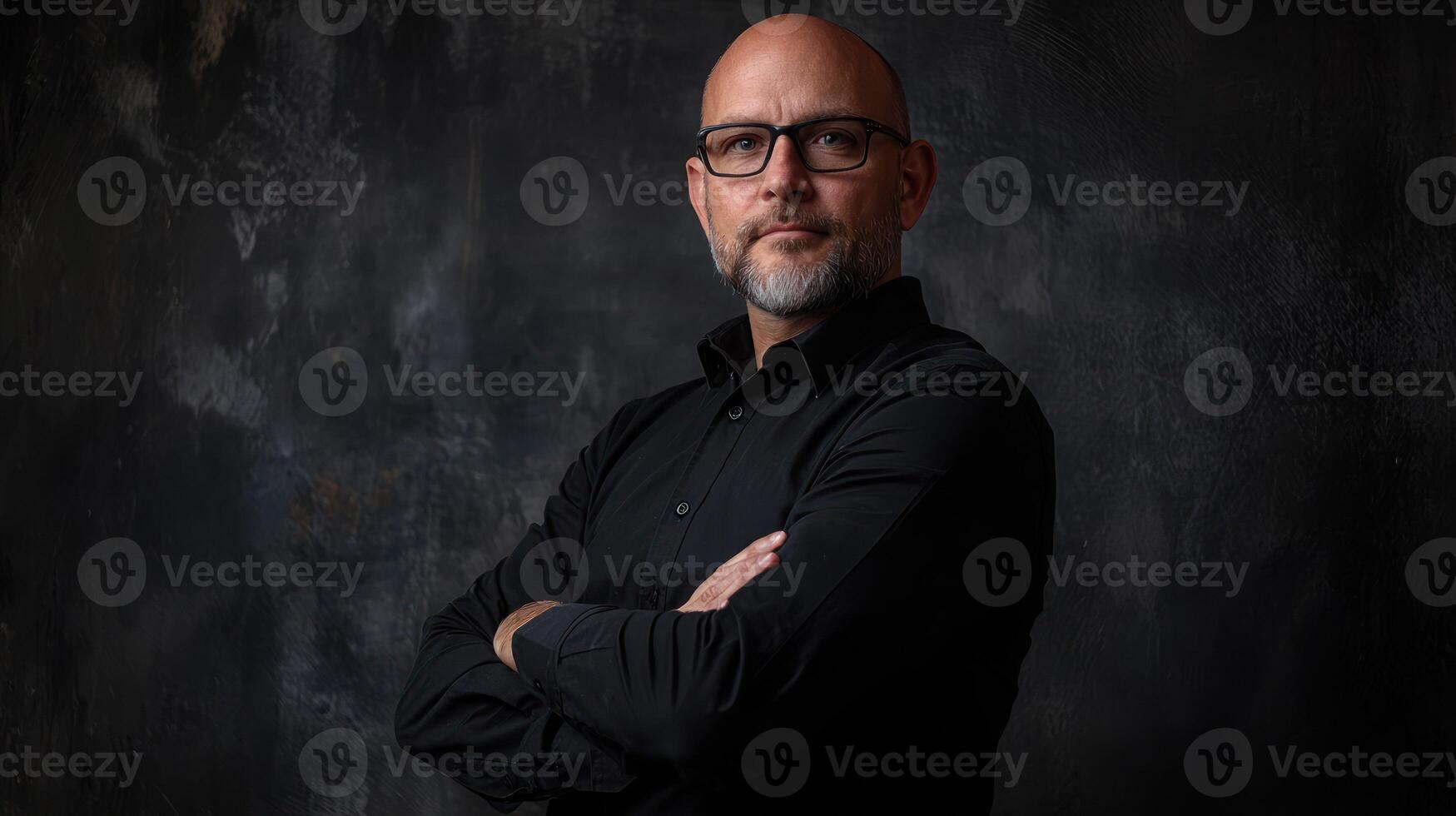 A man with a bald head, wearing glasses, standing in front of a dark, textured background with his arms crossed. photo