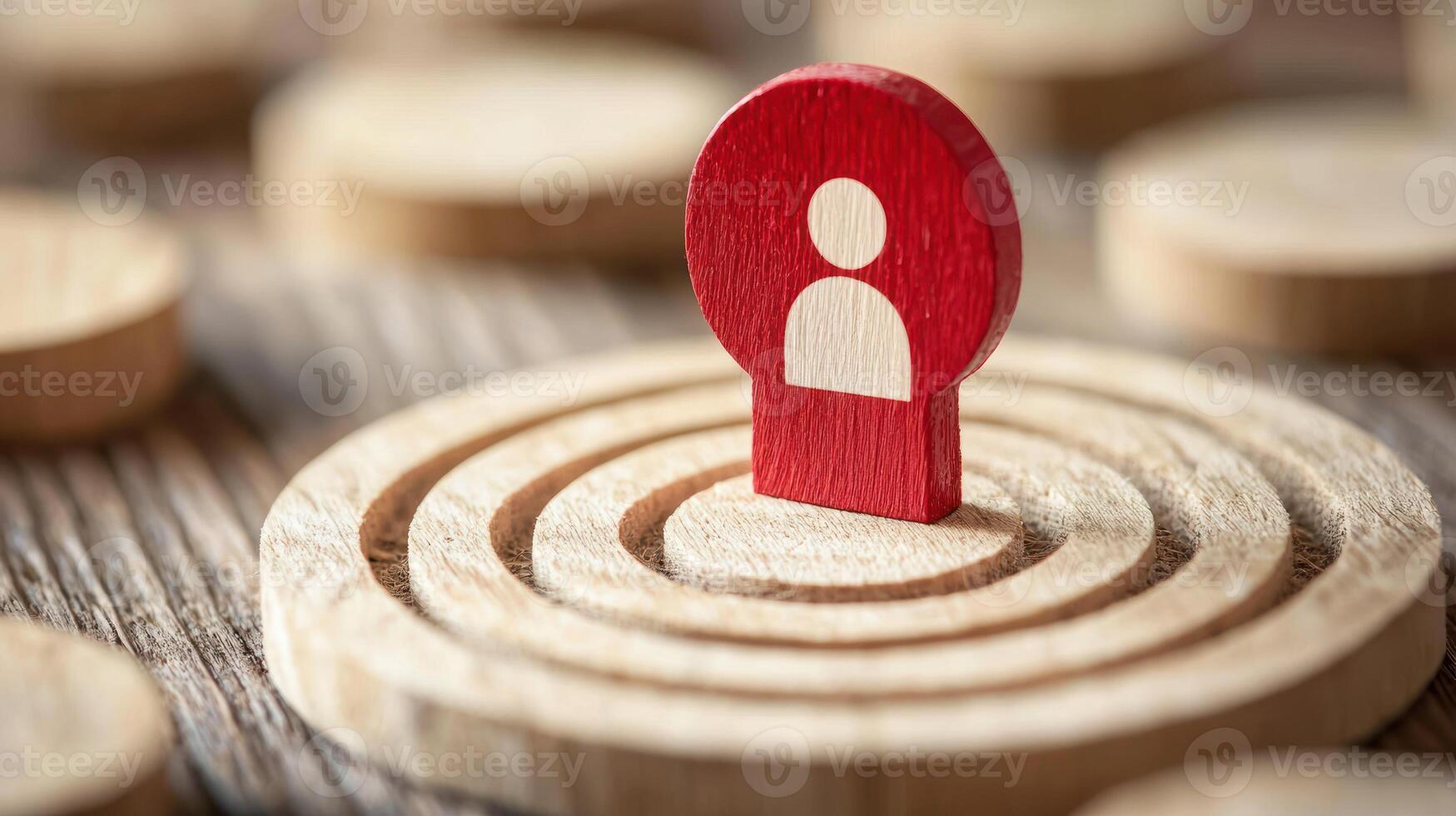 A red and white wooden block with a person's silhouette on it, placed on a wooden surface with a blurred background. photo