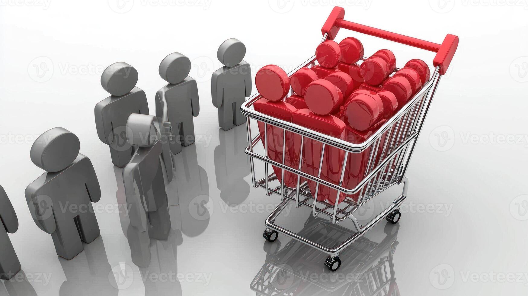 A red shopping cart filled with red and black dumbbells, surrounded by a group of gray human figures in a white setting. photo