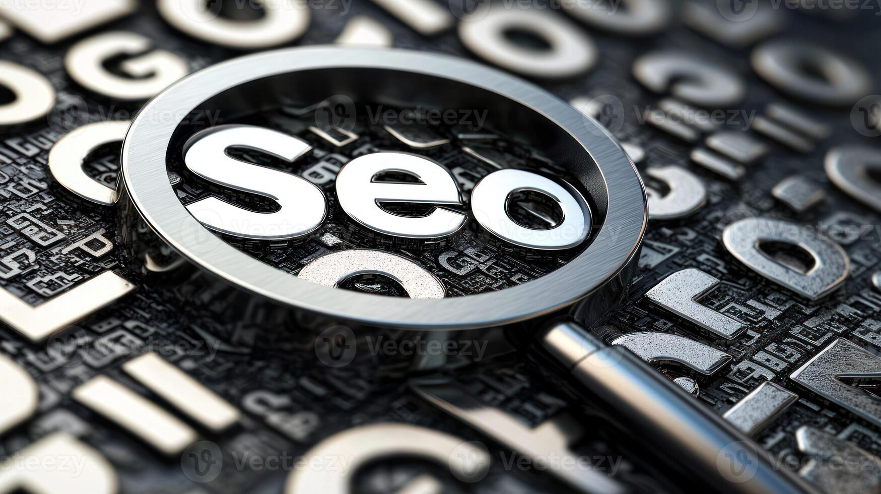 A magnifying glass with the word 'SEO' on it, placed on a background of black and white letters. photo