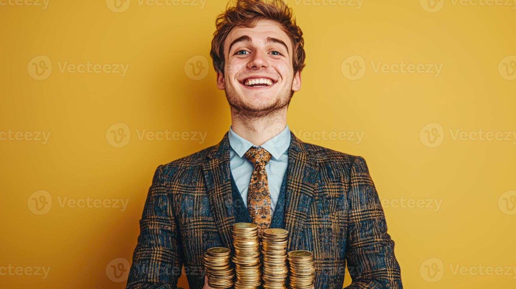 A man in a suit holding a stack of coins against a yellow background. photo
