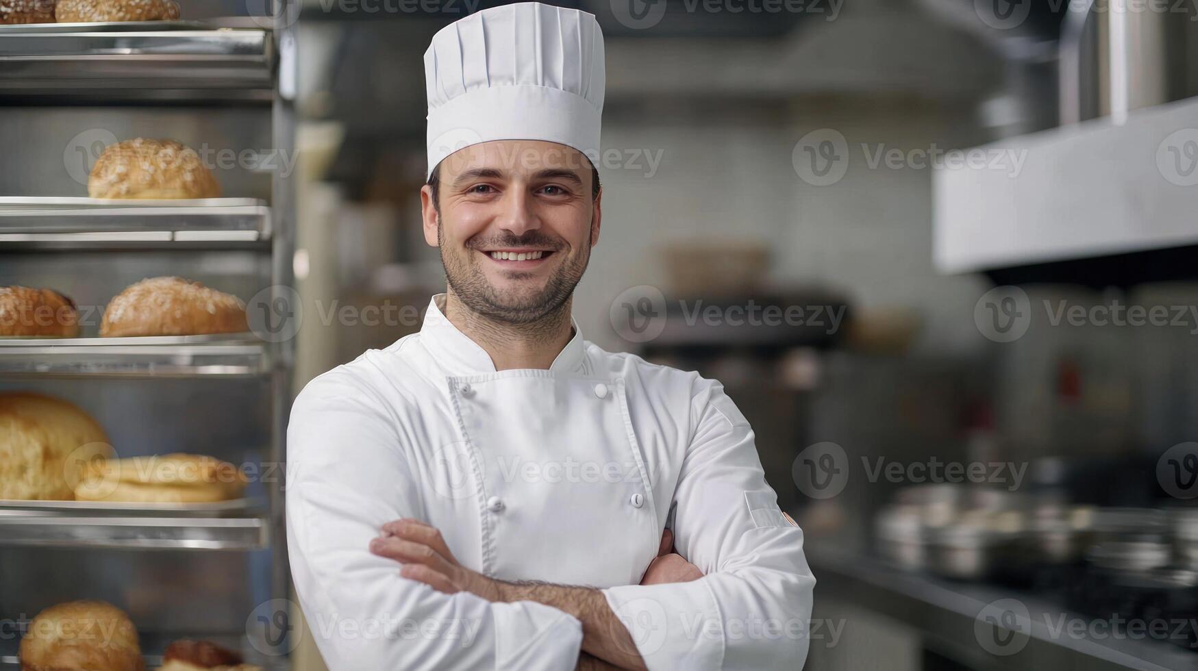 A smiling chef in a white uniform standing in a commercial kitchen with a rack of bread in the background. photo