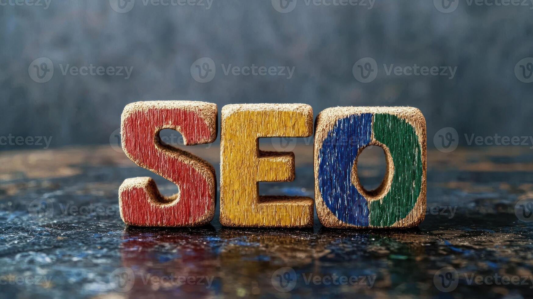 A colorful wooden block with the word 'SEO' on it, placed on a dark wooden surface with a dark background. photo