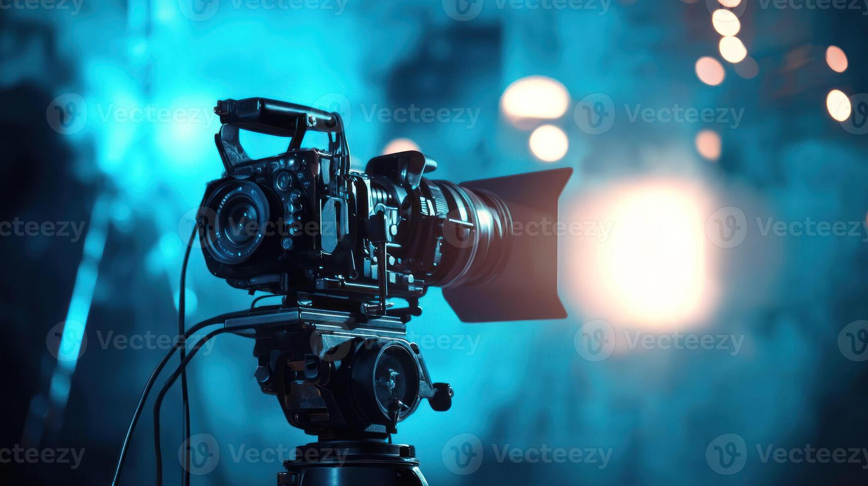 A professional camera with a blue light on a blurred background photo