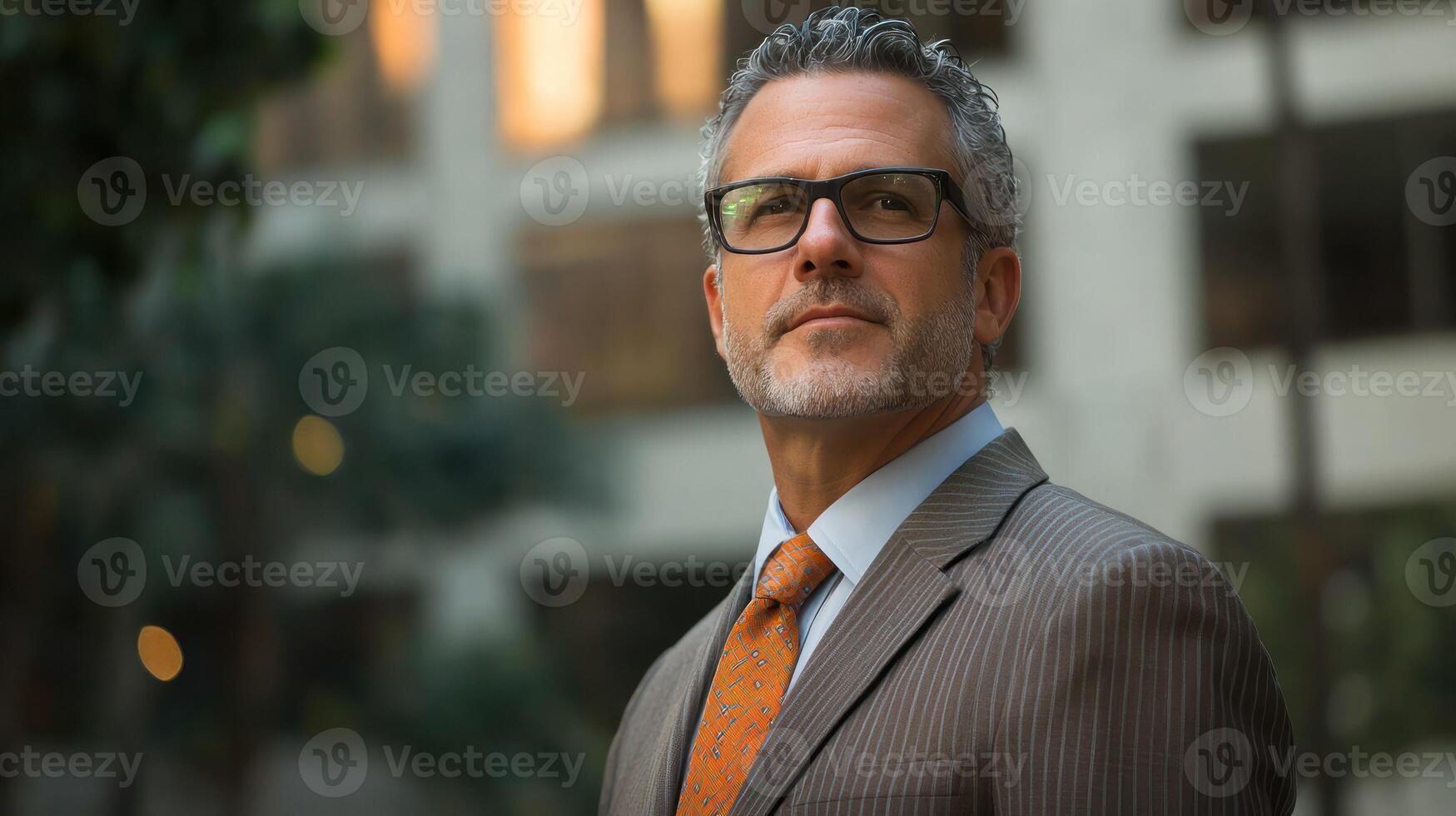 A man in a suit and tie standing in front of a building with a blurred background. photo