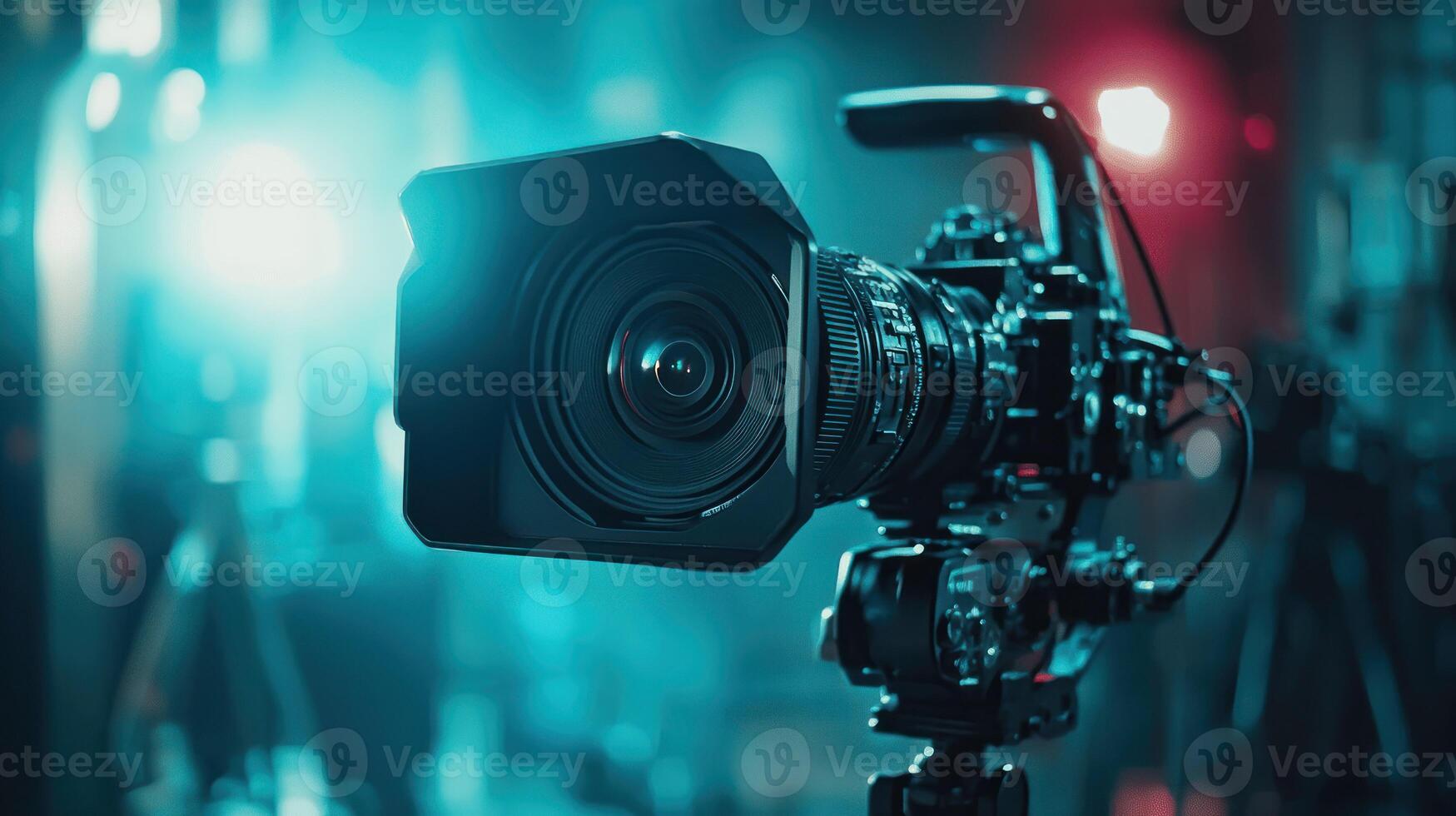 A professional camera with a large lens, mounted on a tripod, capturing a scene with bright lights and colorful lights in the background. photo
