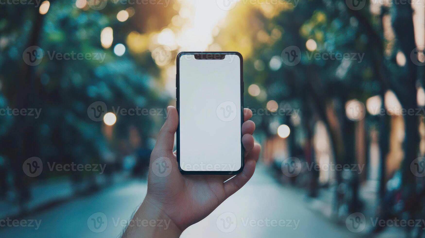 A person's hand holding a smartphone with a blank screen, outdoors in a park with trees and a pathway. photo