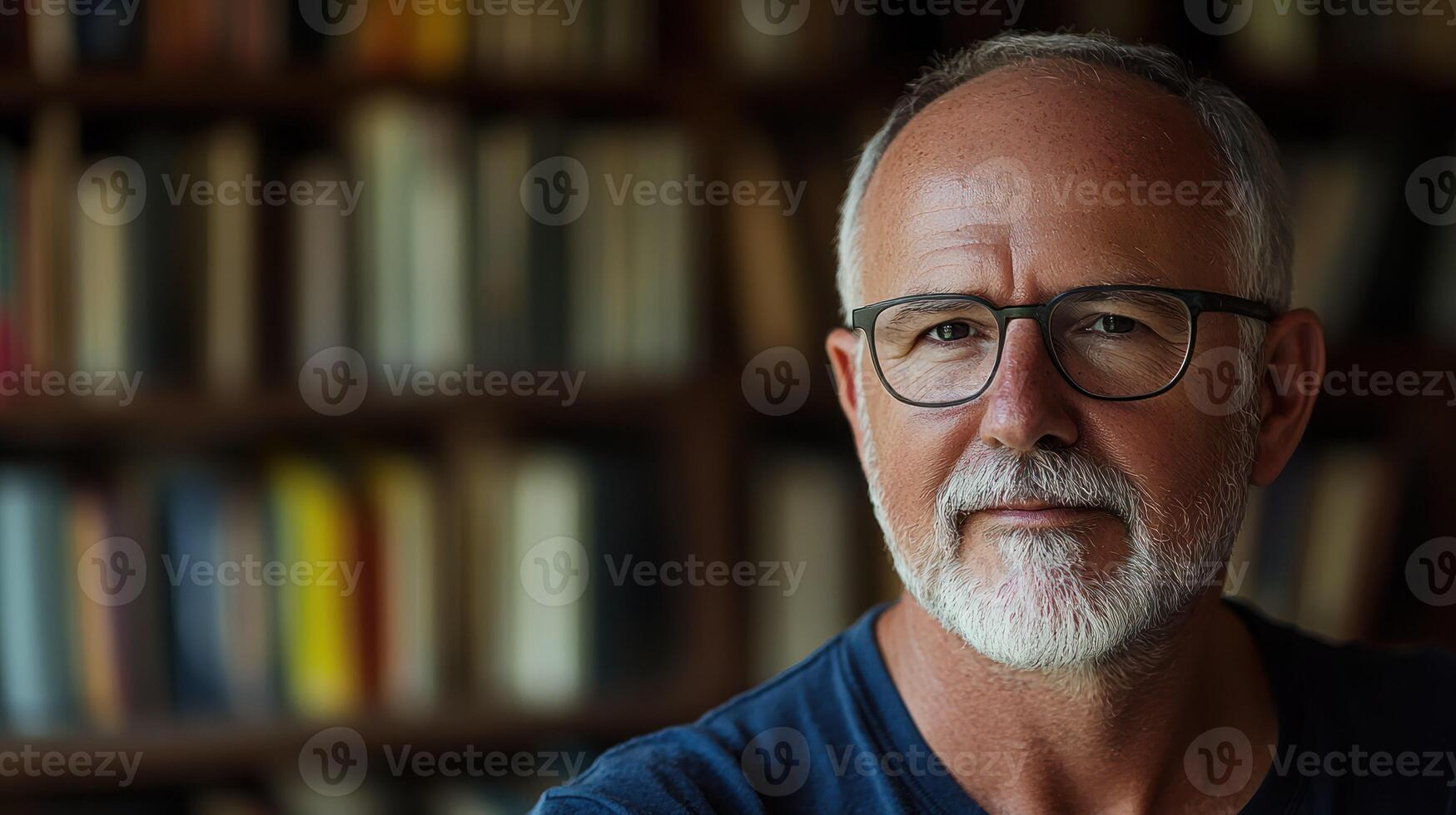 A man with glasses and a beard, wearing a blue shirt, standing in front of a bookshelf with a collection of books. photo