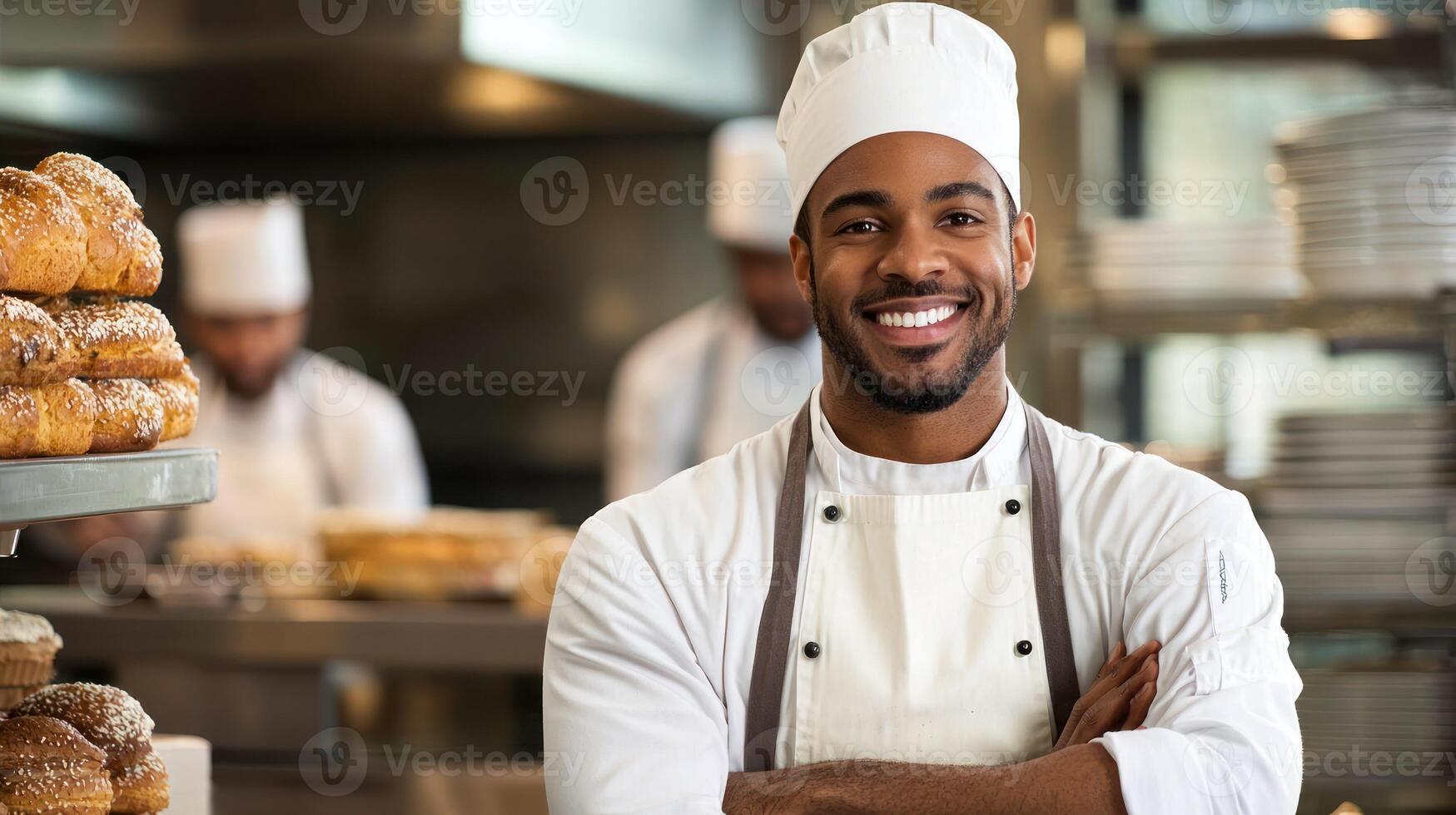 A smiling chef in a kitchen, wearing a white uniform and hat, with a tray of pastries in the background. photo