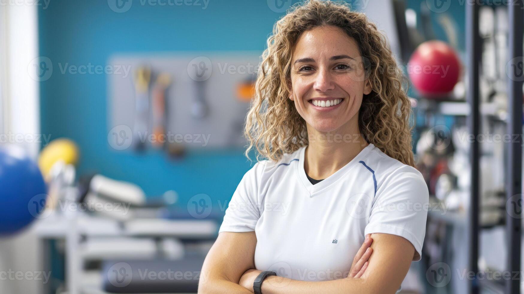 A woman with curly hair wearing a white sports top stands in a gym with exercise equipment in the background. photo