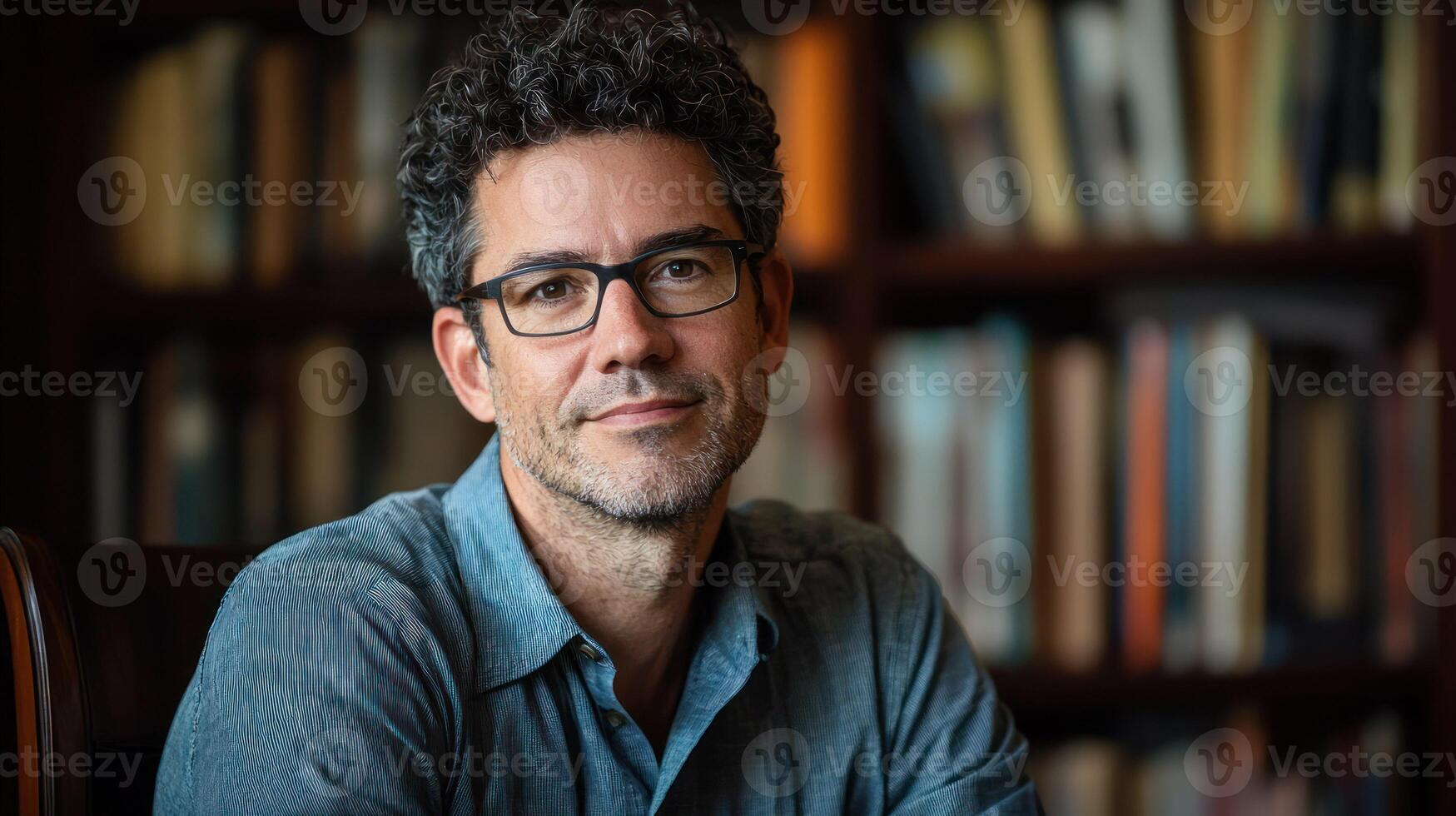 A man with curly hair wearing glasses, sitting in a library with a bookshelf in the background. photo