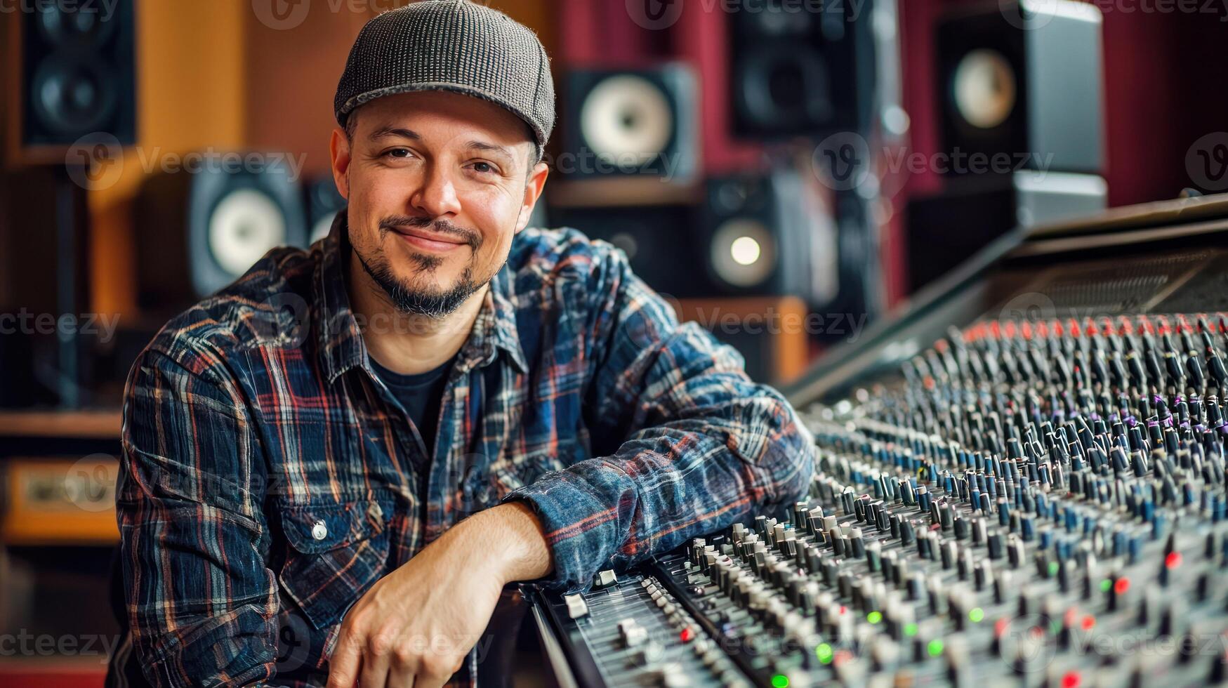 A man in a recording studio, leaning on a mixing console, with a smile on his face. photo