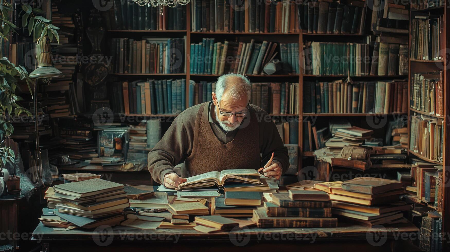 An elderly man sitting at a desk in a dimly lit, cluttered study, surrounded by a vast collection of books and papers, with a cup of coffee and a pen nearby. photo
